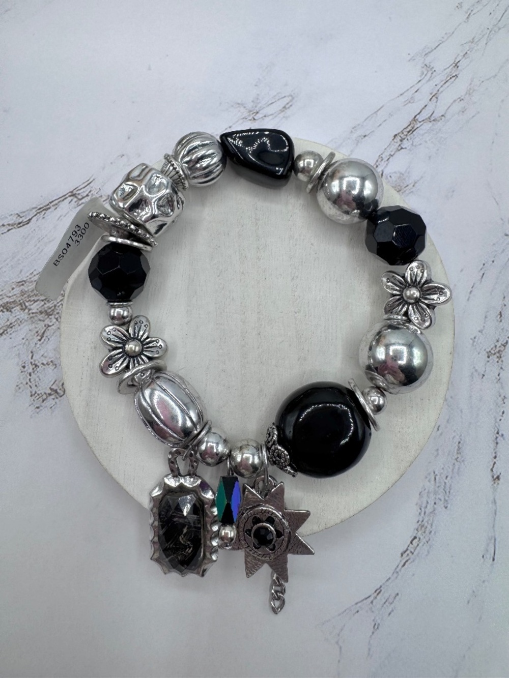 Chunky Black & Silver Charm Bracelet Statement Beaded Stretch Boho Vintage Style